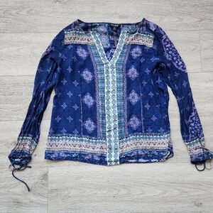 Lucky Brand Blue Purple Boho Shirt Womens Medium Long Sleeves Flowy